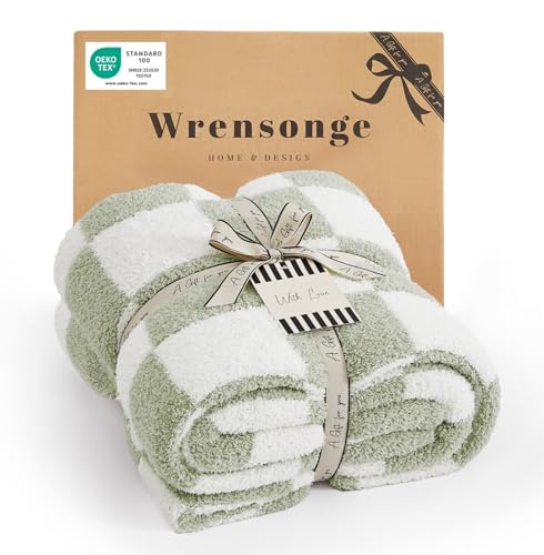 Image of WRENSONGE Checkered Throw Blanket, Sage Green Soft Cozy Fluffy Hand Made Throw Blankets for Couch, Sofa, Chair, Bed, Camping, Picnic, Travel Lightweight Bed Blankets for Women Mothers Birthday Gifts