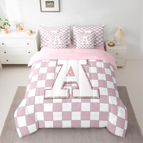 Image of Erosebridal Pink Initial A King Bedding Set 7 Piece Kawaii Plaid Checkered Bed in A Bag with Sheets Cute Personalized Monogram Comforter Set for Kids Girls Teen Women,Fashion Grids Gingham Bed Sets