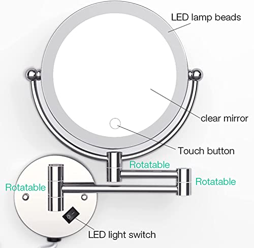 Miroir de maquillage LED tactile mural double face extensible