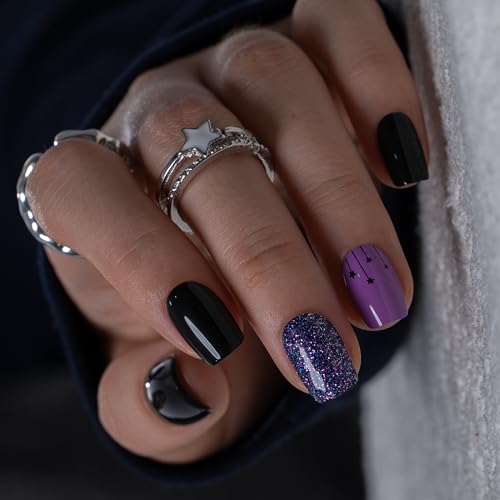 Image of CurvLife Soft Gel Squoval Press-On Nails Short, Reusable Fake Nails with Glue & Adhesive Tabs, 30PCS Salon-Quality Stick-On Nails for At-Home Manicure (Cosmic Dusk)