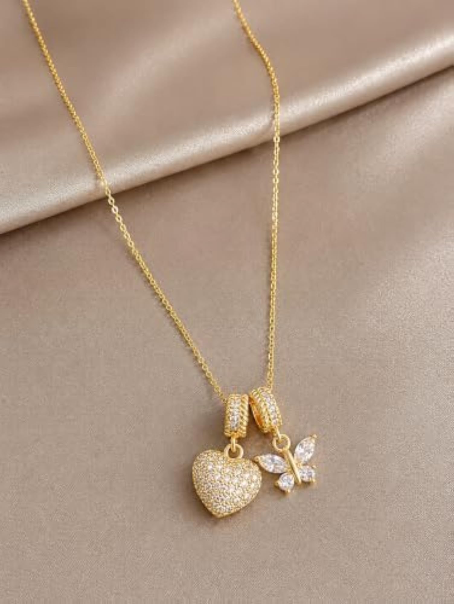 Gold Plated Heart & Butterfly Charm Necklace, Daily Wear Gift