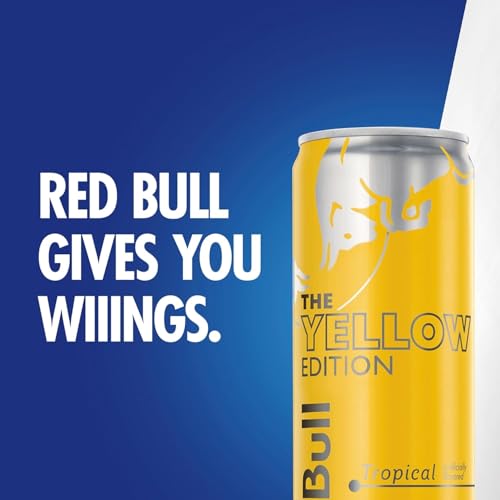 Image of Red Bull Yellow Edition Energy Drink, Tropical, with 114mg Caffeine plus Taurine & B Vitamins, 12 Fl Oz, Pack of 8 Cans