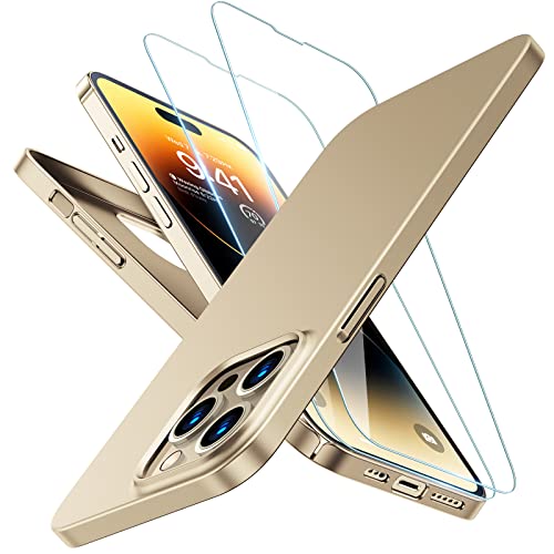 TORRAS [2X Tempered Screen Protectors OriginFit Case for iPhone 14 Pro Case Slim Fit with All-Round Protection, Super Thin Lightweight Hard Phone Case-6.1 Inch, Gold