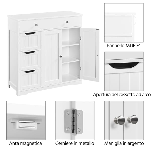 Yaheetech Armadietto da Bagno in MDF con Cassetti e Ripiani Regolabili 81 cm × 30 cm × 81,5 cm Mobiletto Indipendente da Terra Mobile Portaoggetti per Soggiorno/Sala da Pranzo Bianco