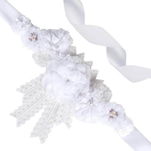 Image of White Lace Boho Baby Shower Maternity Sash - White Lace Flower Theme Baby Shower Belly Belt, Mom to Be Photo Props Party Decorations