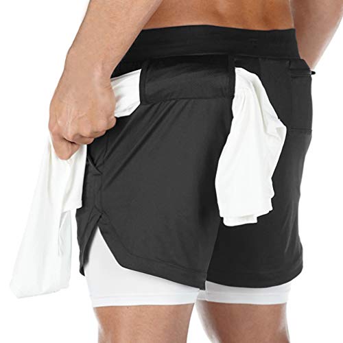 BOOMLEMON Men's 2-in-1 Running Workout Shorts Gym Running Athletic Short with Towel Loop(Black M/Tag XL)