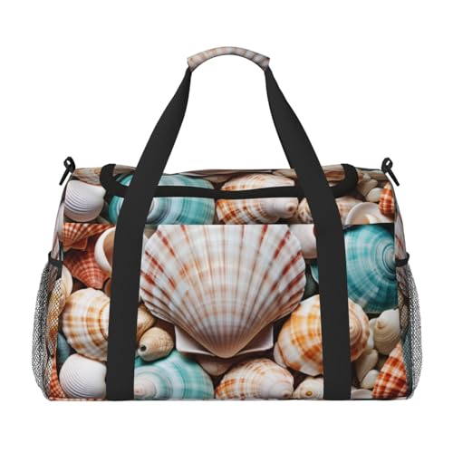 Sea Shell Print Travel Duffle Bag - Foldable Personal Item Travel Bag for Women & Men,Carry-On Convertible Crossbody Tote Bags with Adjustable Shoulder Strap & Pockets 13x10.2x19.7 in