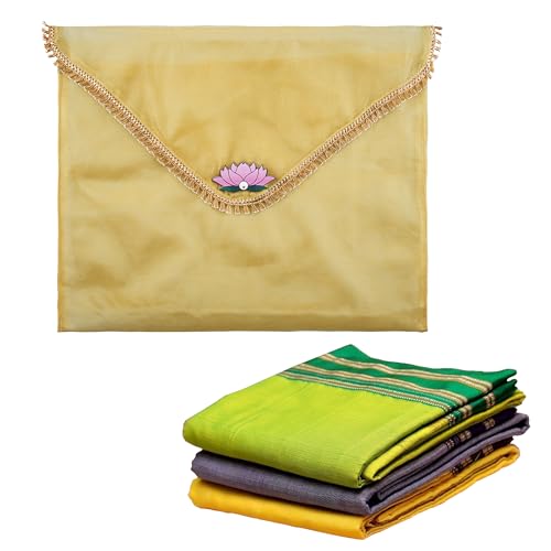 Image of Kuber Industries Double Layer Organza Saree Covers for Gifting with Flower Flap Closure | Wedding Saree Cover | Single Saree /Suit Packing Shagun Cloth Cover | Golden Lace - Gold