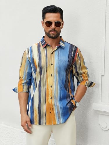 Hardaddy Men's Hawaiian Shirt Long Sleeve Striped Beach Casual Button Down Shirts with Pocket2