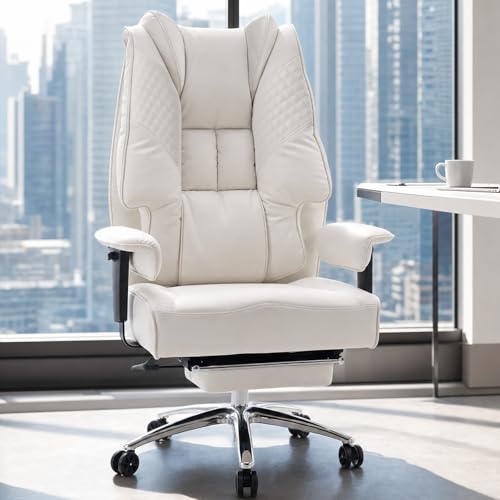 Image of EXCEBET Big and Tall Office Chair 400lbs Wide Seat, Leather High Back Executive Office Chairs with Foot Rest, Ergonomic Lumbar Support for Lower Back Pain Relief (White)