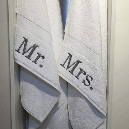 Product Image of the 2 Piece White Mr and Mrs Towel Set Husband Wife Towels Plush Heavy Couples Romantic Wedding Gift Married Turkish Cotton Embroidered Anniversary Birthday, Terrycloth