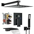 Fatspas Shower System with Tub Spout, Wall Mounted Shower Faucet Set for Bathroom with 12 Inch Rain Shower Head and Handheld Shower Head Set, Matte Black