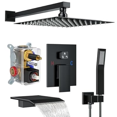 Fatspas Shower System with Tub Spout, Wall Mounted Shower Faucet Set for Bathroom with 12 Inch Rain Shower Head and Handheld Shower Head Set, Matte Black