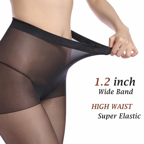 2 Pairs Run-Resist Sheer Tights for Women, Nylon Black Nude Tights with Reinforced Toes, S-XL2
