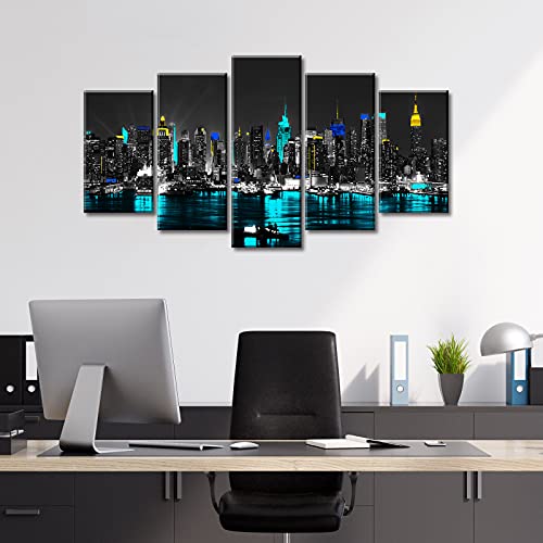 Black And White Wall Art Teal New York City Skyline Canvas Print Modern Manhattan Cityscape Night Scene View Painting Framed Artwork Decor For Bedroom Living Room Bathroom Office, 5 Pieces, 40"W×22"H #TOP3
