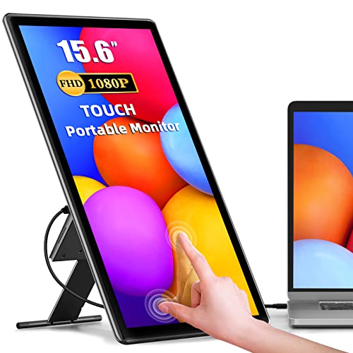 Portable Monitor Touchscreen Kickstand, 15.6" Freestanding Touch USB C Monitors, 2000:1 Contrast Ratio 1080P 100% sRGB IPS External Screen with HDMI Type C Trave Display for Laptop PC Phone PS4 Xbox