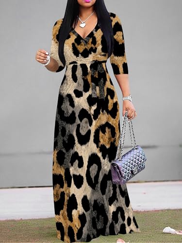 Image of Women Plus Size Long Sleeve V Neck Maxi Dress with Belt | Soft fabric relaxed fit three quarter sleeve v neck with pockets for party and daily wear