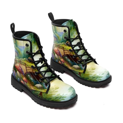 Artistic Mushroom Mid-Top Combat Boots Men's Women's Floral Lace-Up Ankle Shoes for Hiking,Street Wear,Casual Walking3