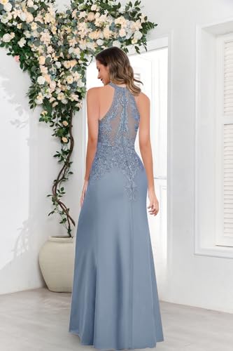 Lace Mother of The Bride Dresses Chiffon Sequin Appliques Halter Neck A Line Formal Wedding Guest Dress2