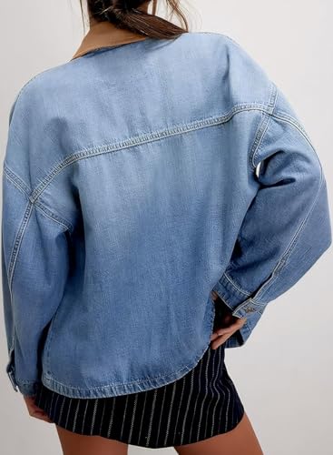 EVALESS Jean Jacket Women Trendy Color Block Denim Jacket Oversized Long Sleeve Button Down Barn Jackets Shacket Coat4