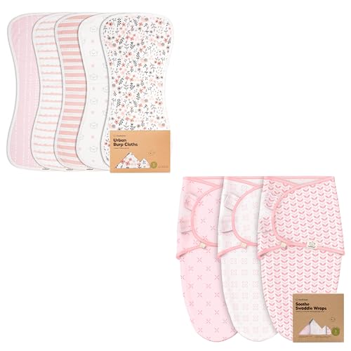 Image of Organic Burp Cloths for Baby Boys and Organic Baby Swaddle Sleep Sacks Bundle - Burping Cloth, Burp Clothes, (Sweet Charm) - Swaddling Wrap Blanket Sleeping Bag for Newborn, Infant (Blossom)