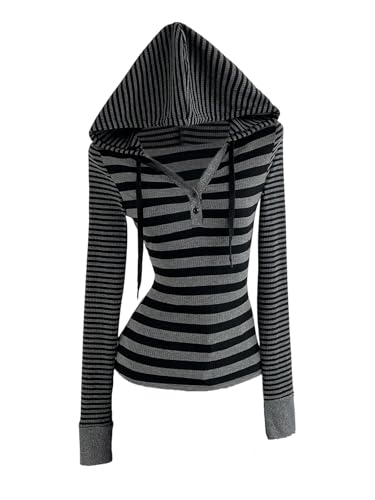RoseSeek Women's Striped Hooded T Shirts Long Sleeve Button Down Ribbed Knit Tee Tops Gothic Clothes Multicolor Medium