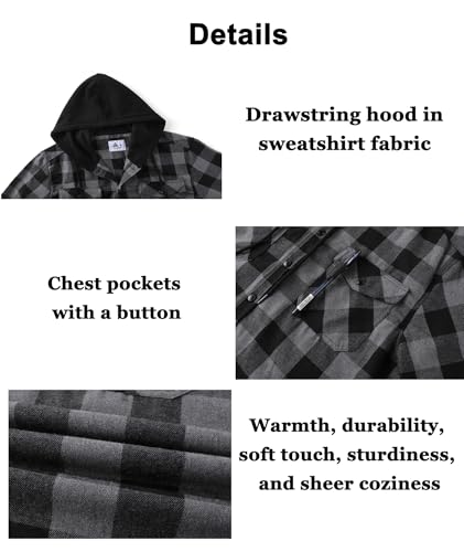 Image of Hooded Flannel Shirts for Men Plaid Long Sleeve Flannel Jacket Hoodies | Button-Down, Lightweight Coat, Classic Plaid Shirts with Hood, Flannel Hoodies with Pocket