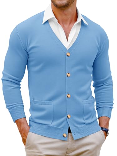Runcati Mens Cardigan Sweater V Neck Button Down Sweaters Long Sleeve Lightweight Fall Knit Outwear with Pockets