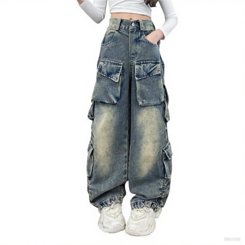 Girls Classic Lightweight Cargo Jeans Retro Wide Leg Elastic High Waisted Denim Pants with Multi Pockets Teens Trousers