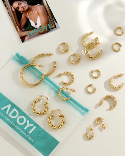 Adoyi Gold Hoop Earrings Set for Women Girls Trendy 14K Plated Gold Hoops Small Chunky - image 9
