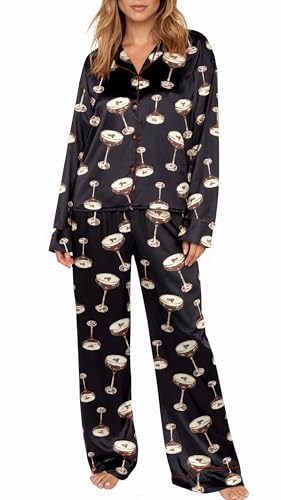 Women Silk Satin pajamas Set 2 Piece Espresso Martini Pajama Long Sleeve Funny Cocktail Pj Button Down Casual Loungewear