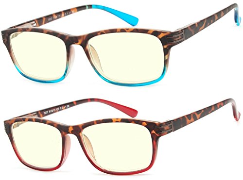 Success Eyewear Computer Glasses 2 Pair Anti Glare Spring Hinge Ombre Color Computer Reading Glasses for Men and Women Set of Havana Blue and Havana Red 2