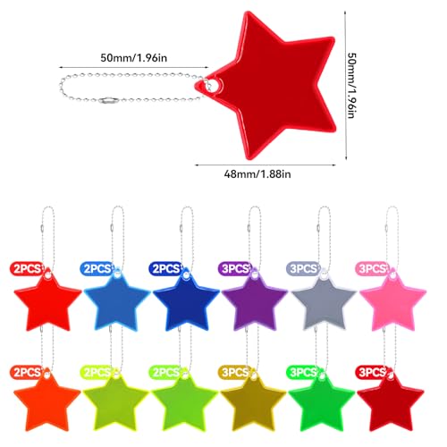 Aimeke 30 Stück Sicherheits Reflektor Anhänger Reflektoren Stern Anhänger Reflektierende Schlüsselanhänger für Rucksack Radfahren Gehen (12 Farben)