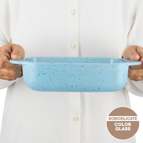 Image of Borosil 1.5 L Baking & Serving Dish | Borosilicate Glass Rectangle Shape Bakeware and Serveware Casserole Dish Tray | Microwave, Oven & Dishwasher Safe Bowl (Blue)
