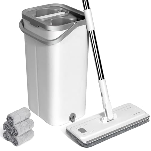 Masthome Juego de Fregona y Cubo con Escurridor,Mopa Fregona Plana Profesional con Mango de Acero Inoxidable y 5 Paños de Repuesto de Microfibra, Mopas de Limpieza Suelos para mármol, Madera Dura