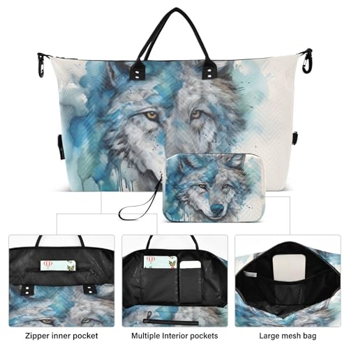 Large Travel Duffel Bag, Wolf Head Blue Sports Tote Gym Bag, Shoulder Weekender Overnight Bag for Women Men, Carry On Luggage with Toiletry Bags2