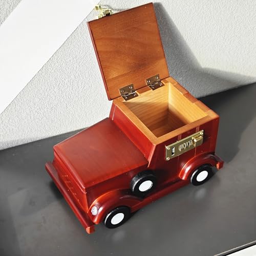 Image of Solid Wood Car Model Piggy Bank Saving Box 9.45''L | Dual Currency Storage | Password Lock Design |Vehicle Collection Desk Cabinet Office Home Decor | Creative Gift Collectible