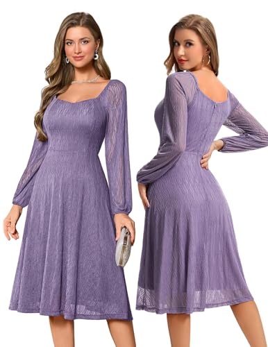 Bbonlinedress Women Lace Cocktail Dress Formal Vintage Fall Wedding Guest Long Sleeve Mother of The Bride Midi Dress