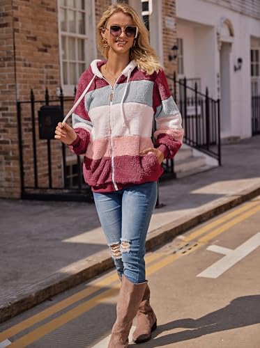 Livonmone Fleecejacke Hoodie Damen Kapuzenpullover Teddy-Fleece Warm Herbst Wintermantel Stilvoller ReißVerschluss Fellmantel PlüSchjacke Mit Taschen (Rot, L)