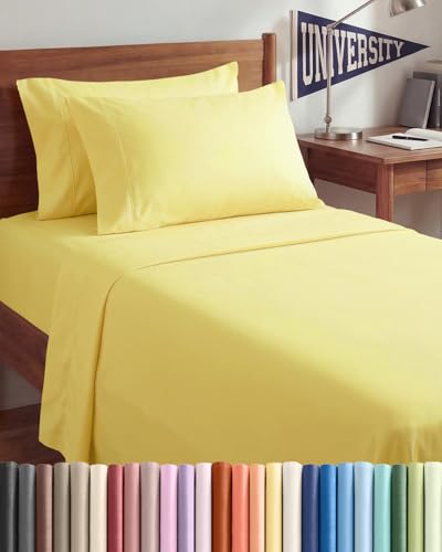 Image of Twin XL 4 Piece Sheet Set - College Dorm Room Essentials - Yellow | Ultra Soft Dorm Bedding Set, 8 inch to 16 inch Inch Deep Pockets, 1 Flat & 1 Fitted Sheet & 2 Pillowcases, Wrinkle & Fade Free