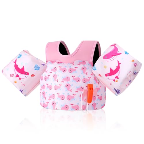 MoKo Chaleco de Natación para Niños, Flotadores de Brazo para Niños de 20 50 lbs, Flotadores de Agua con Silbato de Emergencia, Bonitos Flotadores de Brazo para Piscina Playa, Ballena Rosa