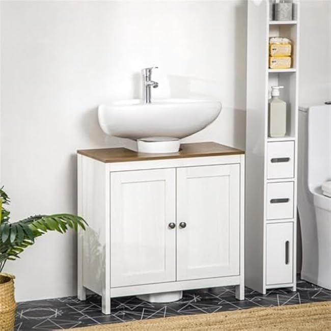 Pedestal Sink Storage Cabinet, Under Sink Cabinet with Double Doors, Antique White, Walnut