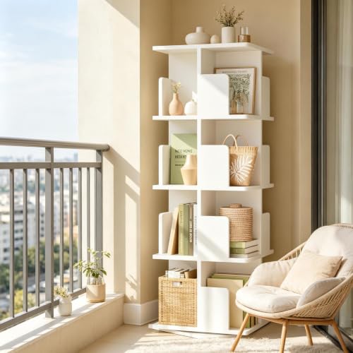 Librería giratoria blanca de 128 cm estantería vertical 16 compartimentos 5