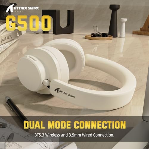 ATTACK SHARK G500 Active Noise Cancelling Wireless Headphone, Over Ear Bluetooth Headset with Built-in Mic, BT5.3 & 3.5MM Wired Dual Mode, Lightweight Foldable, On-Ear Style for Home/Office - Beige - Image 3