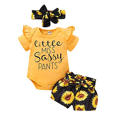 DSFG Baby Girls Summer Clothe Short Sleeve Ruffle Romper Bodysuit+Short Pants+Headband 3Pcs Shorts Set (Yellow 1, 6-12 Months)