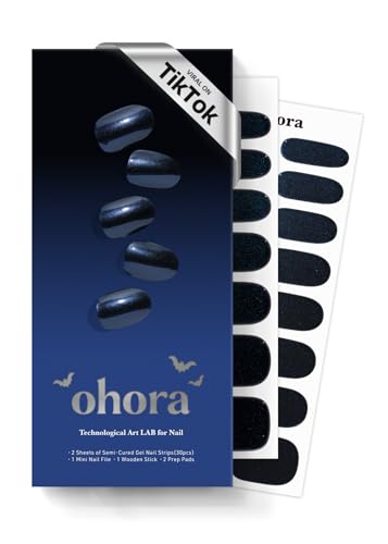 Image of ohora Semi Cured Gel Nail Strips (N Navy Chrome) - Works with Any Lamps, Salon-Quality, Long Lasting, Easy to Apply & Remove - Includes 2 Prep Pads, Nail File & Wooden Stick