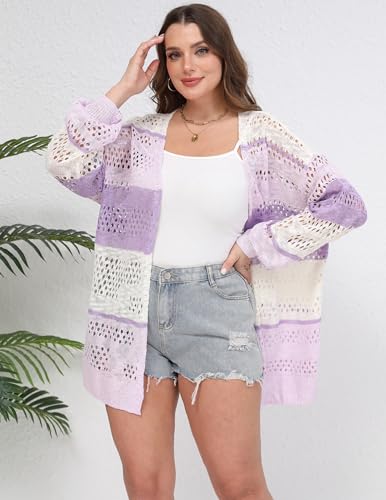 Image of IN'VOLAND Womens Plus Size Crochet Cardigan Lightweight Long Sleeve Open Front Oversized Boho Sweaters Kimonos
