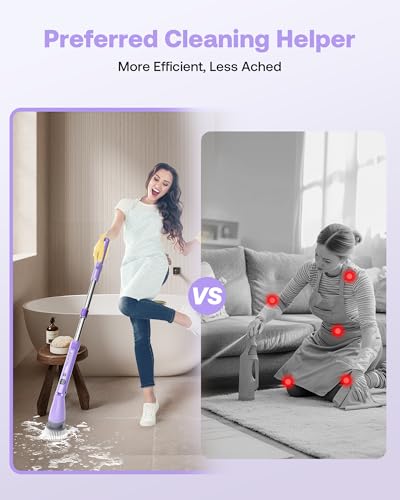 Image of Electric Spin Scrubber, Cordless Cleaning Brush with 440RPM /90Mins Runtime, 3 Adjustable Angles&Sizes, 6 Replaceable Brush Heads, 2 Speeds for Bathroom Glass, Bathtub, and Shower, Car Cleaning, Purple