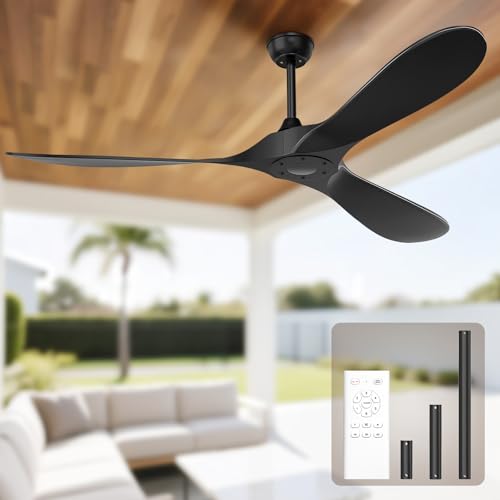 Obabala Black Ceiling Fan No Light, Outdoor Ceiling Fans with Remote Control without Light, 3 Blades, 6 Speed Reversible DC Motor Modern for Patios, Kitchen, Bedroom, Porch (60 in) by Obabala - Used condition - US$82.20