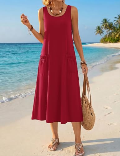 Image of Zeagoo Womens Summer Midi Dresses 2026 Casual Sleeveless Tank Sundresses A Line Crewneck Beach Vacation Dress with Pockets